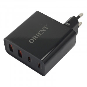 ORIENT PU-A100WL, Сетевое зарядное устройство с функцией быстрой зарядки, мощность 100Вт, Quick Charge 3.0+Power Delivery, выходы: 2xUSB-A + 2xType-C/PD, DC 5/9/12/15/20В, цвет черный (33168)