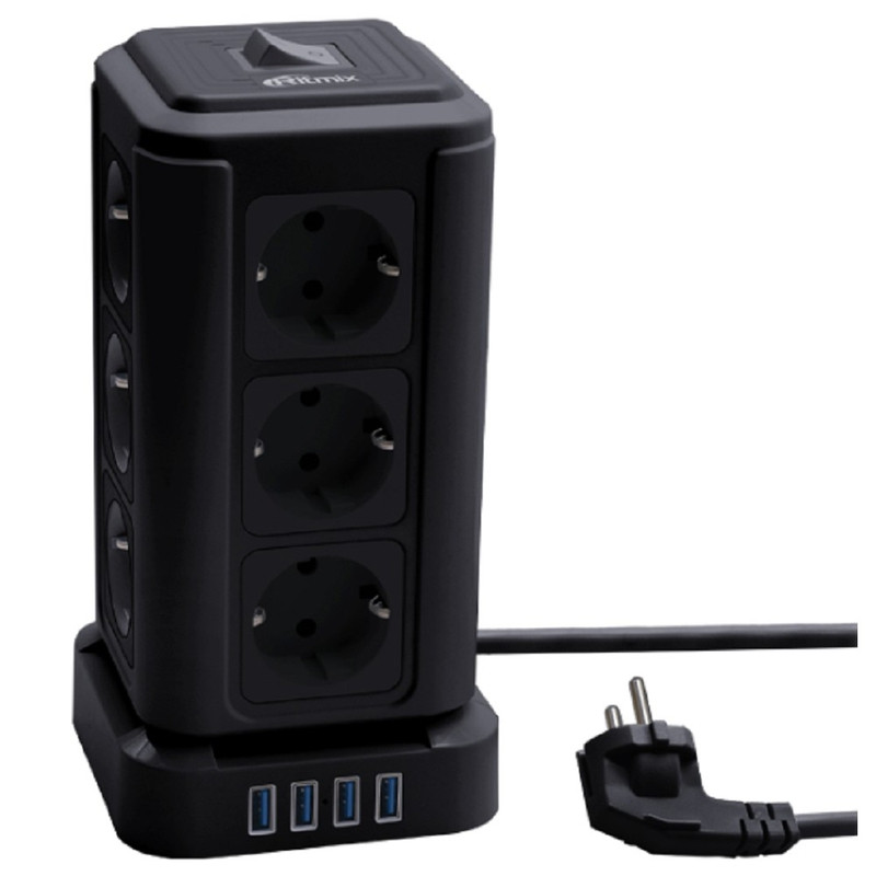RITMIX RM-2124 Black Сетевой фильтр с кнопкой питания {16А,12 розеток, 4 выхода USB Type А 5 В, 3,1 А, 2 м } {80003363}