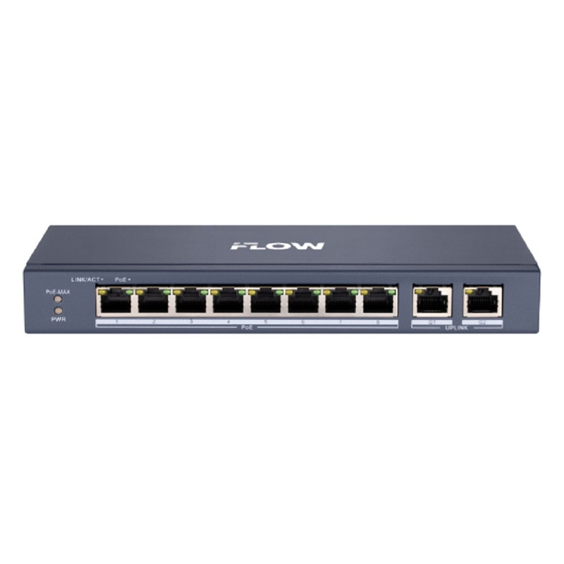 iFLOW F-SW-EU410POE-V/L L2, неуправляемый, 8 портов, 2 uplink порта 1000М RJ45, 802.3af/at, бюджет PoE 60 Вт, поддержка режима передачи до 300м,10Мб/с, CAT6; защита от перенапряжения 6 кВ