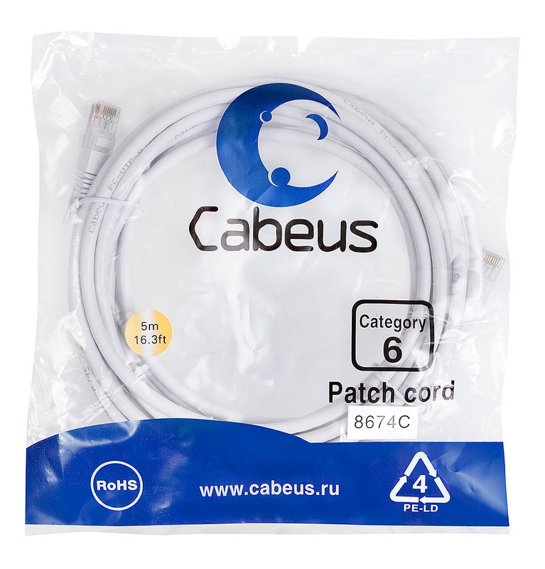 Cabeus PC-UTP-RJ45-Cat.6-5m-WH Патч-корд U/UTP, категория 6, 2xRJ45/8p8c, неэкранированный, белый, PVC, 5м