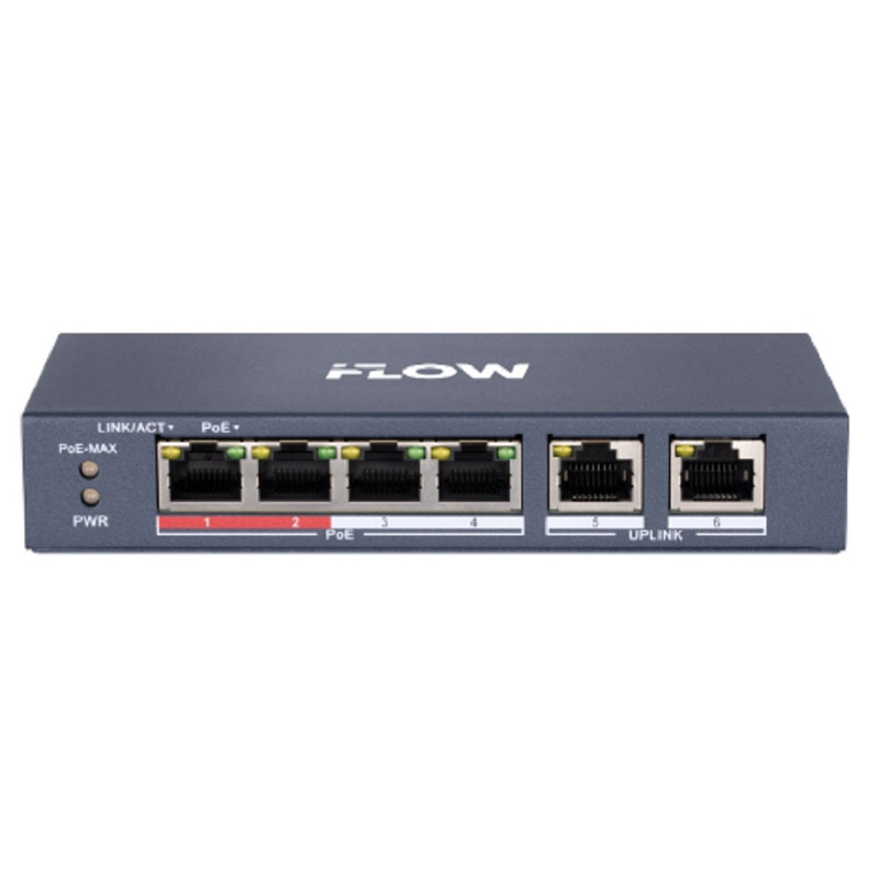 iFLOW F-SW-EU206POE-V/L L2, неуправляемый, 4 порта, 2 uplink порта 10/100M RJ45, 802.3af/at, бюджет PoE 35 Вт, поддержка режима передачи до 300м,10Мб/с, CAT6; защита от перенапряжения 6 кВ