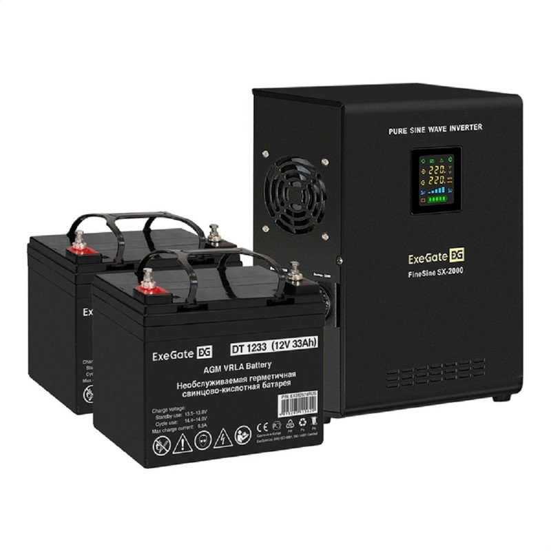 Exegate EX296587RUS Комплект ИБП EX296001RUS + батарея 33Ач EX282974RUS 2шт (инвертор, синус, для котла, настенный) FineSine SX-2000.LCD.AVR.2SH <2000VA/1400W, чистая синусоида, цветной LCD-дисплей, A