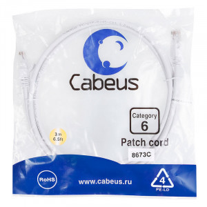Cabeus PC-UTP-RJ45-Cat.6-3m-WH Патч-корд U/UTP, категория 6, 2xRJ45/8p8c, неэкранированный, белый, PVC, 3м