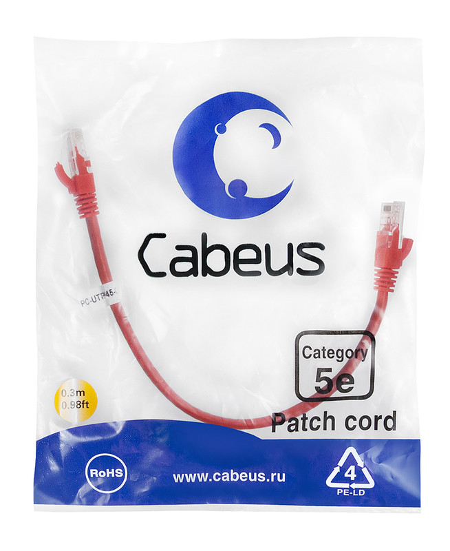 Cabeus PC-UTP-RJ45-Cat.5e-0.3m-RD-LSZH Патч-корд U/UTP, категория 5е, 2xRJ45/8p8c, неэкранированный, красный, LSZH, 0.3м