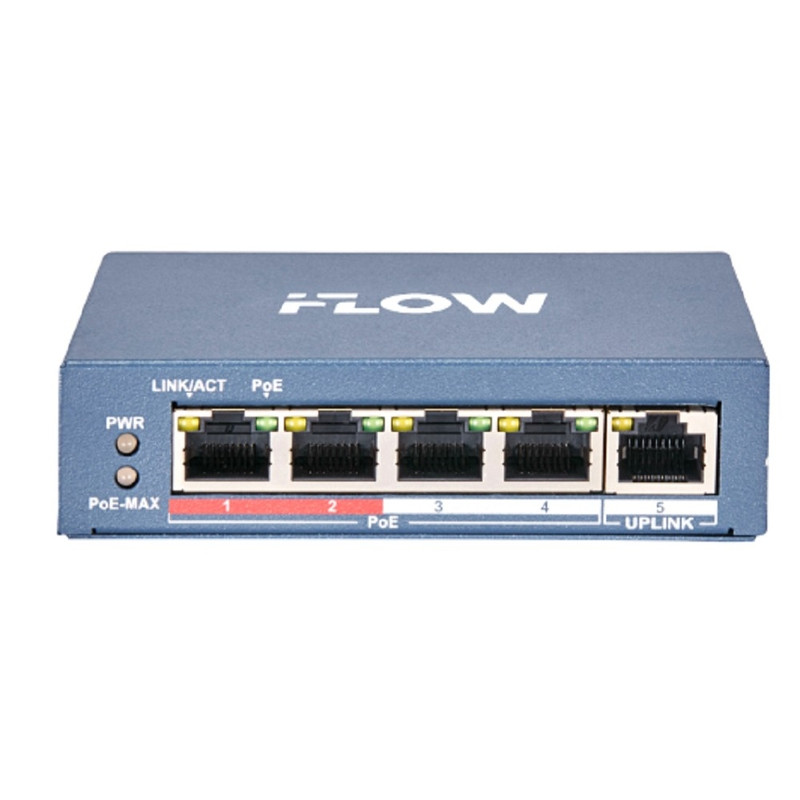 iFLOW F-SW-EU205POE-V L2, неуправляемый, 4 порта, 1 uplink порт 10/100M RJ45, 802.3af/at, бюджет PoE 60 Вт, поддержка режима передачи до 300м,10Мб/с, CAT6; защита от перенапряжения 6 кВ