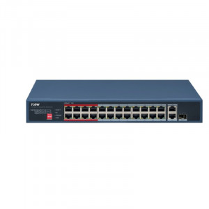 iFLOW F-SW-EU426POE-V/L L2, неуправляемый, 24 порта, 1 uplink порт 1000М RJ45, 1 1000М комбо-порт, 802.3af/at, бюджет питания PoE 230 Вт, порты 17-24 поддерживают режима передачи до 300м,10Мб/с, CAT6;