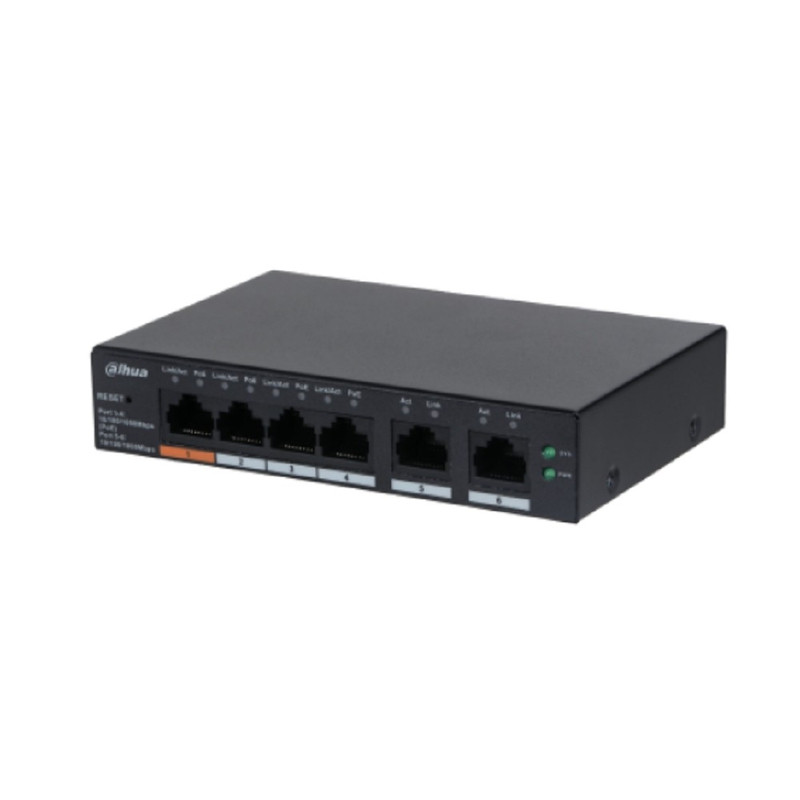 DAHUA DH-CS4006-4GT-60 4-портовый гигабитный PoE коммутатор с функцией облачного управления, 4xRJ45 100Mb, 2xRJ45 1Gb uplink, суммарно 60Вт, коммутация 12Гбит/с, МАС-таблица 8К