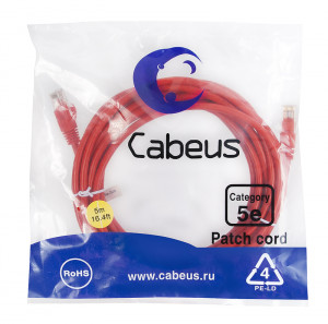 Cabeus PC-UTP-RJ45-Cat.5e-5m-RD Патч-корд U/UTP, категория 5е, 2xRJ45/8p8c, неэкранированный, красный, PVC, 5м